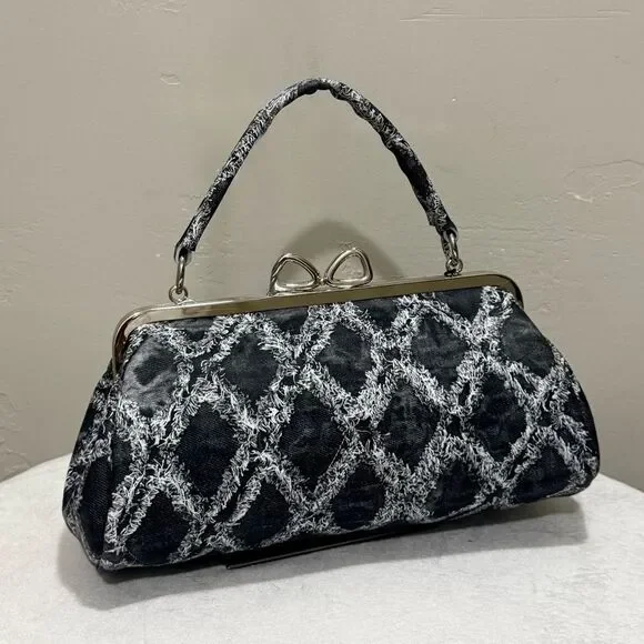 Genuine Leather Denim Quilted Pattern, Handmade Unique Bow Kisslock Baguette Bag